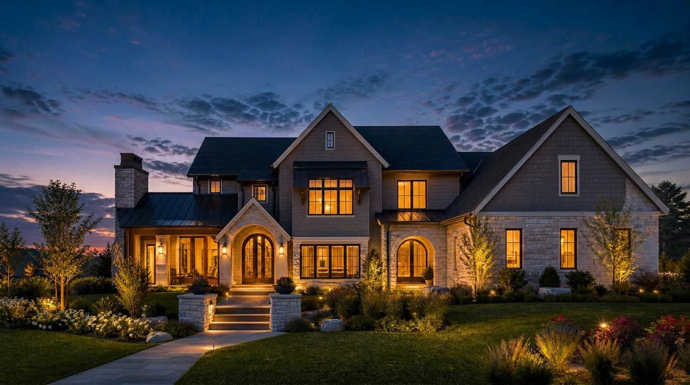 Beautiful modern home exterior at dusk
